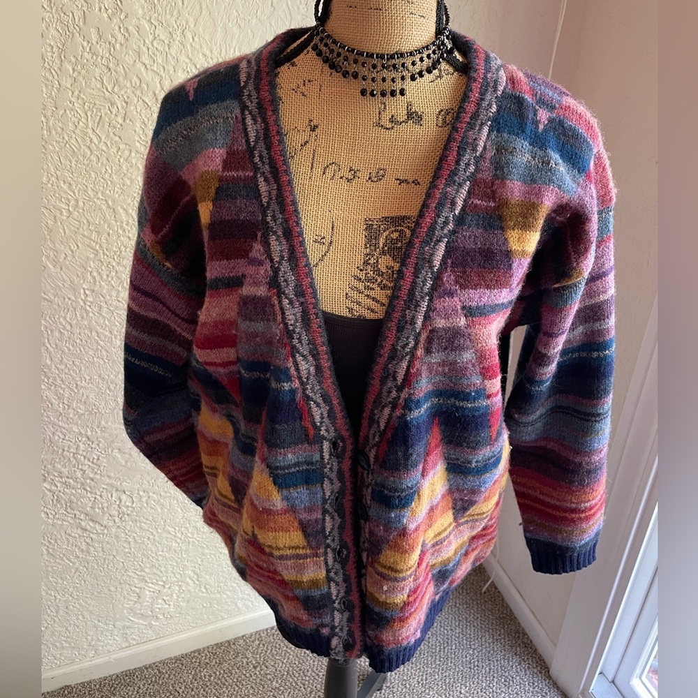 Eddie Bauer Wool Multicolor Geometric Stripe Open Cardigan